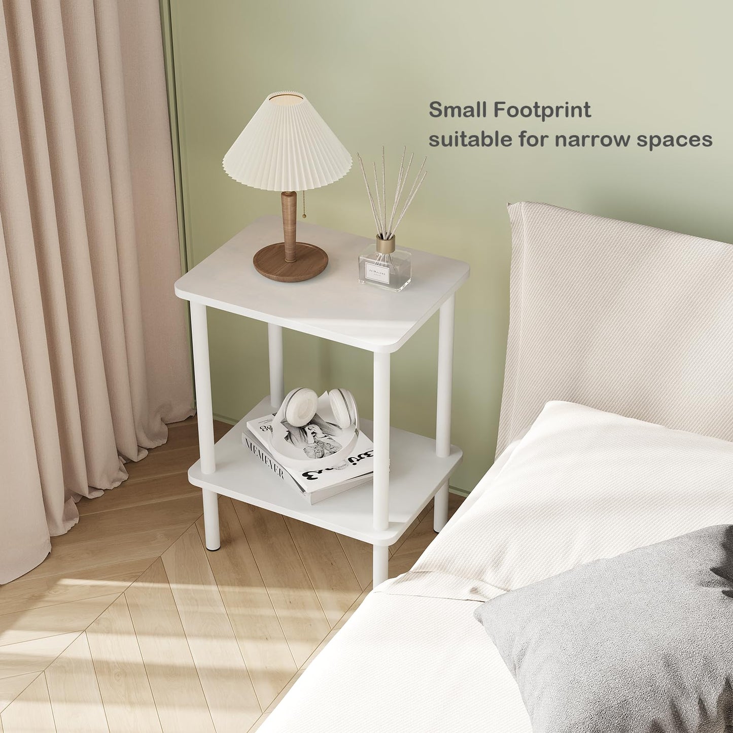 APICIZON Beistelltisch Holz, 2 Tier Beistelltisch Weiss, Nachttisch Schmal, 40x30x52cm, Beistelltische Klein mit Stauraum, Beistelltische Schmal für Wohnzimmer, Schlafzimmer, Balkon