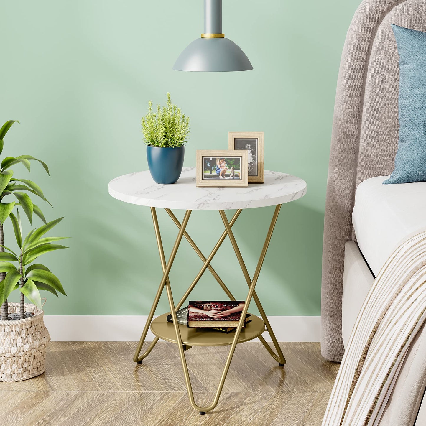 Tribesigns Faux Marmor End-Tisch, 2-stufiger runder Seitentisch, Beistelltisch mit Metalllegen, kleiner Akzent Tisch Snack Tisch für Wohnzimmer, Schlafzimmer, Balcony, Weiß und Gold (1, Weiß und Gold)