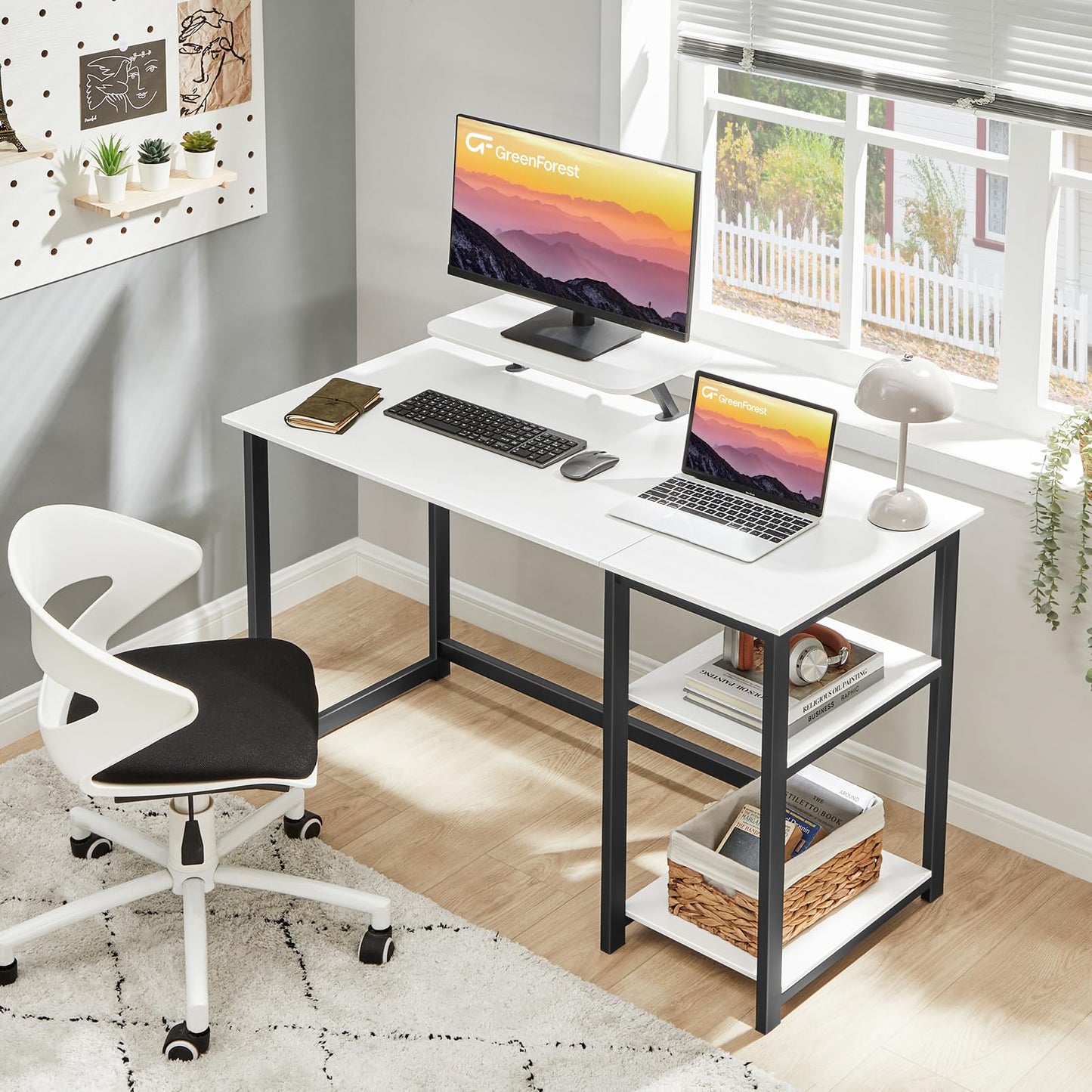 GreenForest Kleiner Schreibtisch Weiß, Bürotisch Schreibtisch mit Stauraum, 100cm Computertisch PC Schreibtisch Klein Weiß mit Monitorständer für Home Office