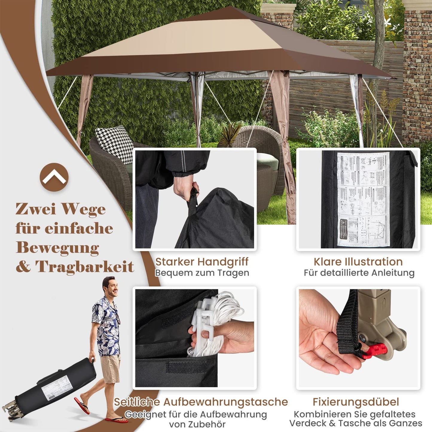 COSTWAY 4x4m Faltpavillon, Pop Up Pavillon mit Rollen, wasserdicht, UV-Schutz 50+, Partyzelt Gartenpavillon für Garten Party Hochzeit und Festival, inkl. mit Tragetasche