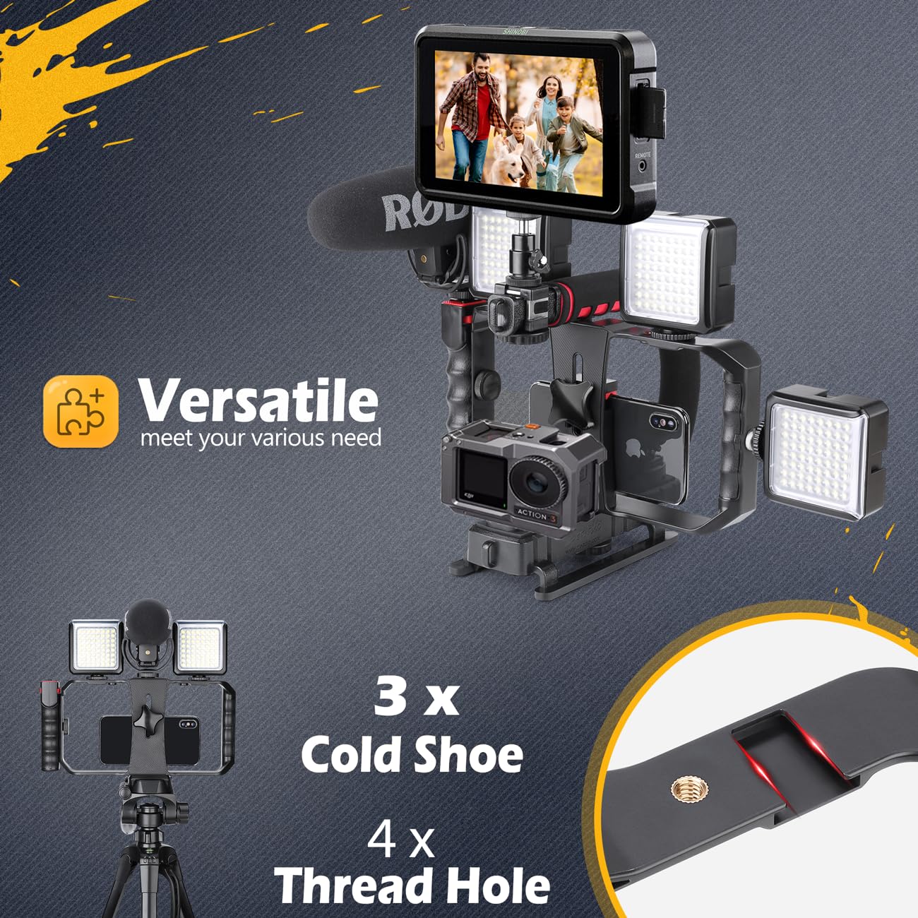 Zeadio Tripel Zubehörschuh Handheld Stabilisator mit Smartphone Video Rig, Video Aktion Handgriff Griff für Allen Kamera, Action-Kamera, DSLR und Smartphones
