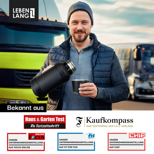 LEBENLANG Thermosflasche 2,5 Liter - 24h Heiß Inkl. Becher, Teesieb, Tragegurt I Trinkflasche Thermobecher 2 5 Liter Thermoskanne I Getränkeflasche Edelstahl Thermusteekanne Isolierflasche Thermo Cup