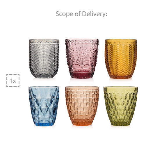Sänger Trinkgläser Set Porto 6 teiliges Gläser Set für 6 Personen aus Glas, Wasserglas, Mehrfarbig, einzigartiger Schliff, Alltag, Familienessen, Büro, Outdoor Saftgläser Set | 310 ml