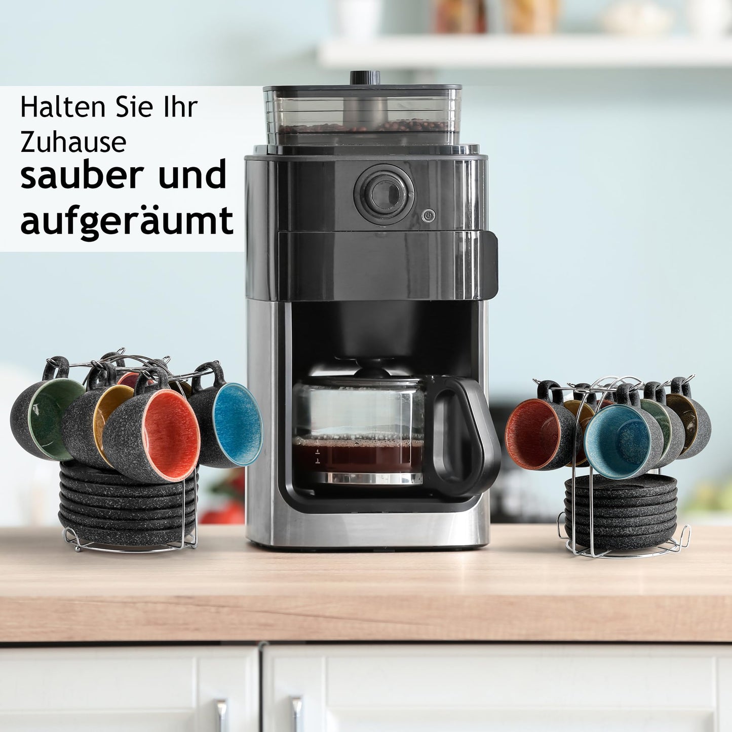 MIAMIO - 190 ml stapelbare Cappuccinotassen aus Keramik mit Untertassen und Metallständer - 6er Tassen aus Steingut für Kaffee, Americano, Latte, Café Mocha und Tee - Las Palmitas Collection
