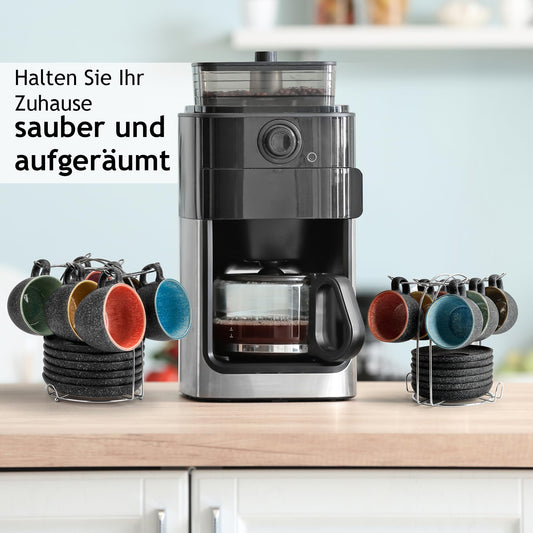 MIAMIO - 190 ml stapelbare Cappuccinotassen aus Keramik mit Untertassen und Metallständer - 6er Tassen aus Steingut für Kaffee, Americano, Latte, Café Mocha und Tee - Las Palmitas Collection