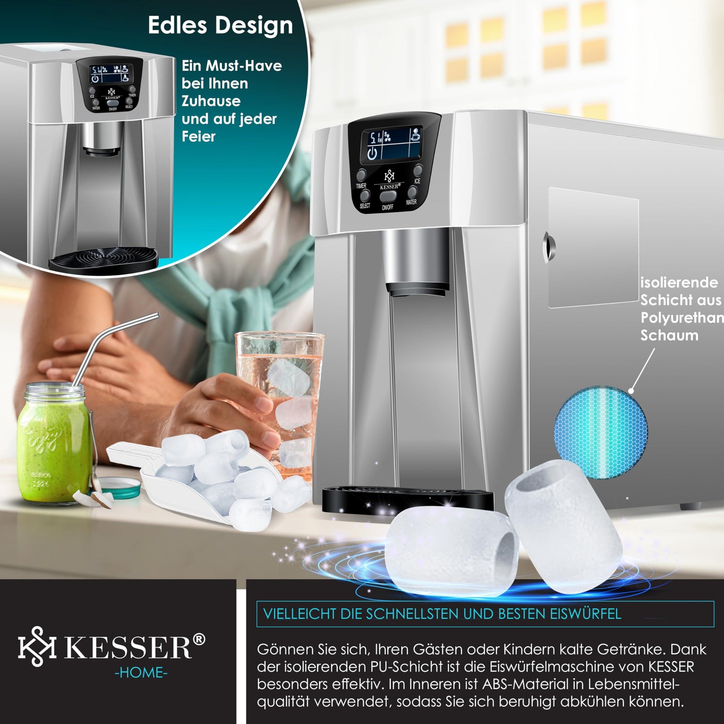 KESSER® Eiswürfelbereiter | Eiswürfelmaschine Edelstahl | 100W Ice Maker | 12 kg 24 h | 2 Würfelgrößen | Zubereitung in 6 min | 2 Liter Wassertank | Timer | LCD-Display | Wassertank, Silber