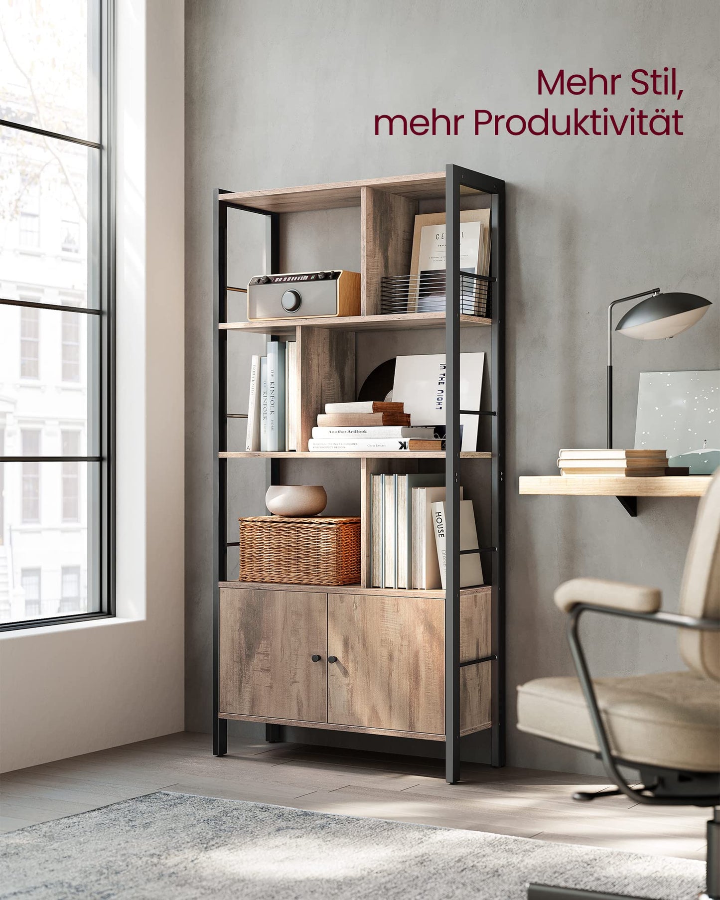 VASAGLE Industrielles Bücherregal 4 Ebenen, Kamelbraun-Schwarz