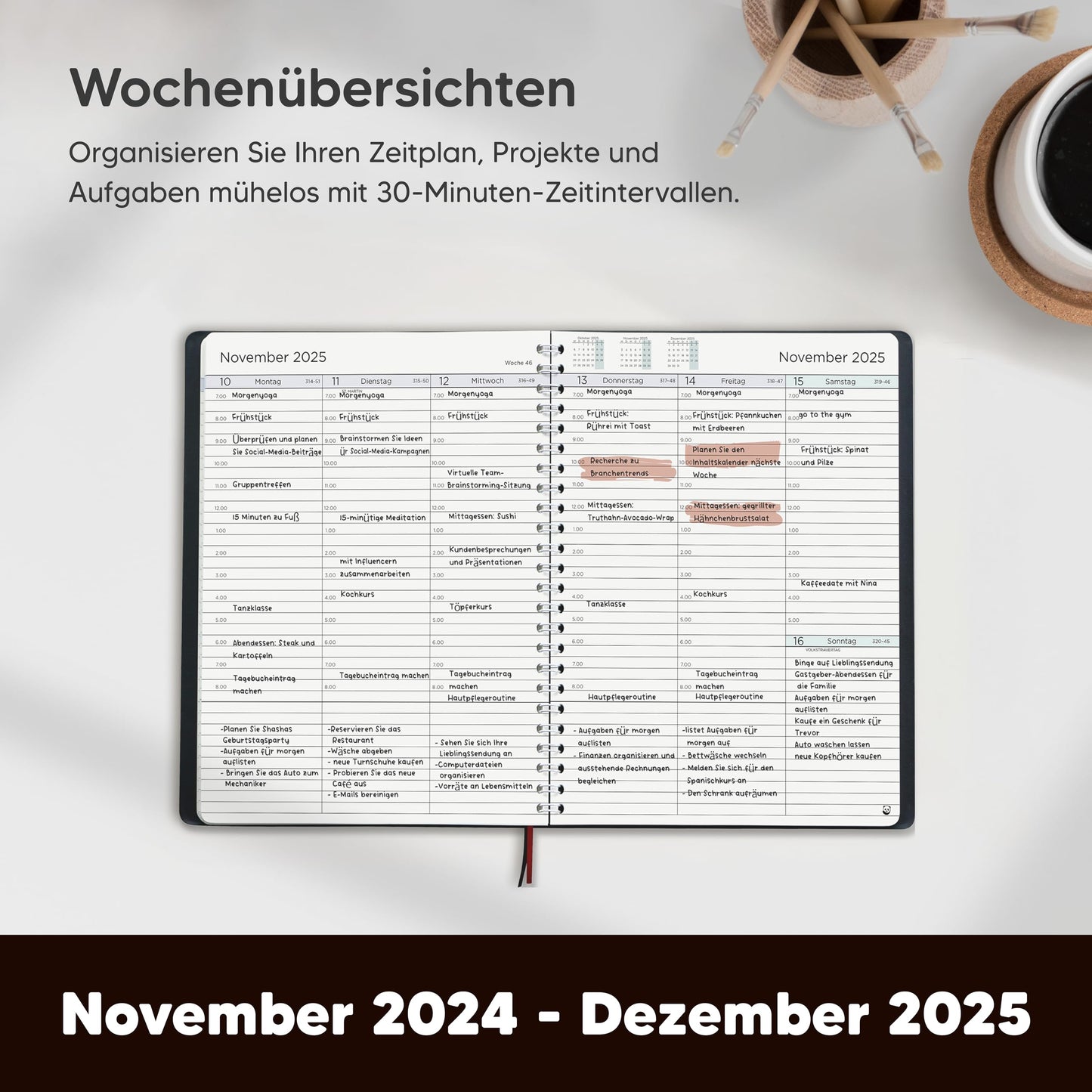 Terminplaner 2025 A5 von Smart Panda – Wochenplaner A5, Kalender 2025 – Softcover Tagebuch, 30 Minuten-Intervalle – Terminkalender, Planer 2025 – auf Deutsch