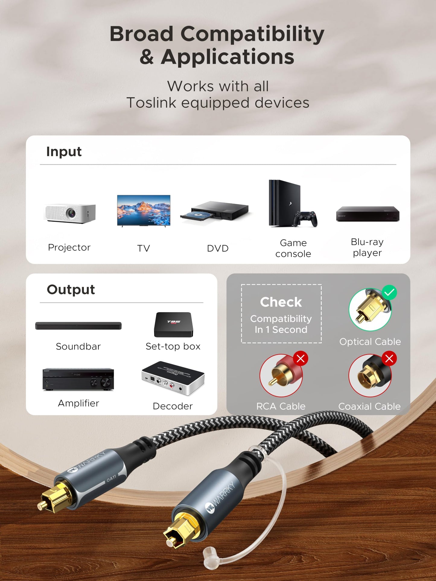 WARRKY Optisches Audiokabel, Optical Audio Cable, [Nylon Geflochten, Vergoldeter Stecker, Aluminiumhülse] Toslink kabel, Kompatibel mit LG/Samsung Soundbar, Stereoanlage, Heimkino, PS4, Xbox -1,8m