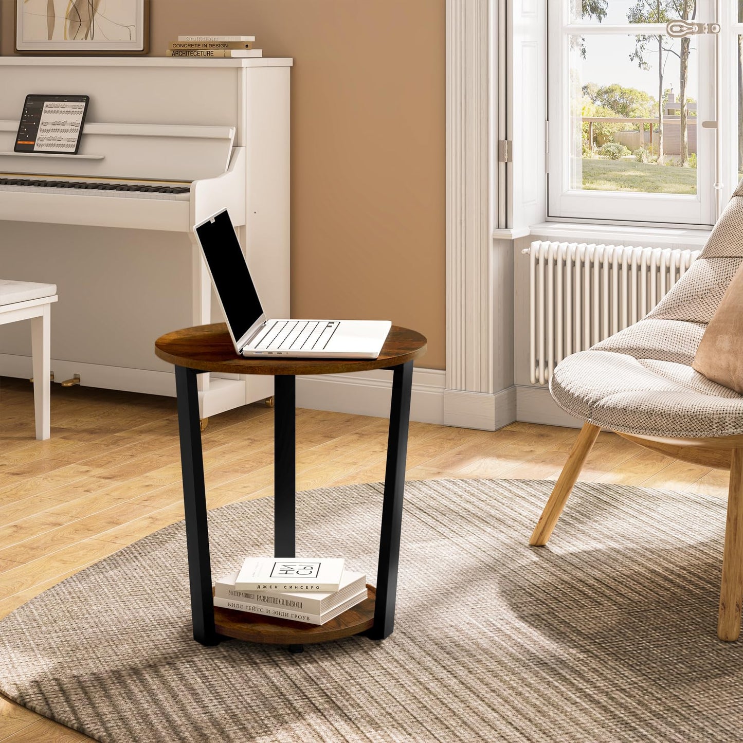 WOLTU Couchtisch rund, Beistelltisch modern, Wohnzimmertisch klein, Sofatisch mit 2 Ablagen, Wohnzimmer Tisch für Couch, Nachttisch, mit Stauraum, aus Holzwerkstoff, Rustikales Braun, BTS13vbn