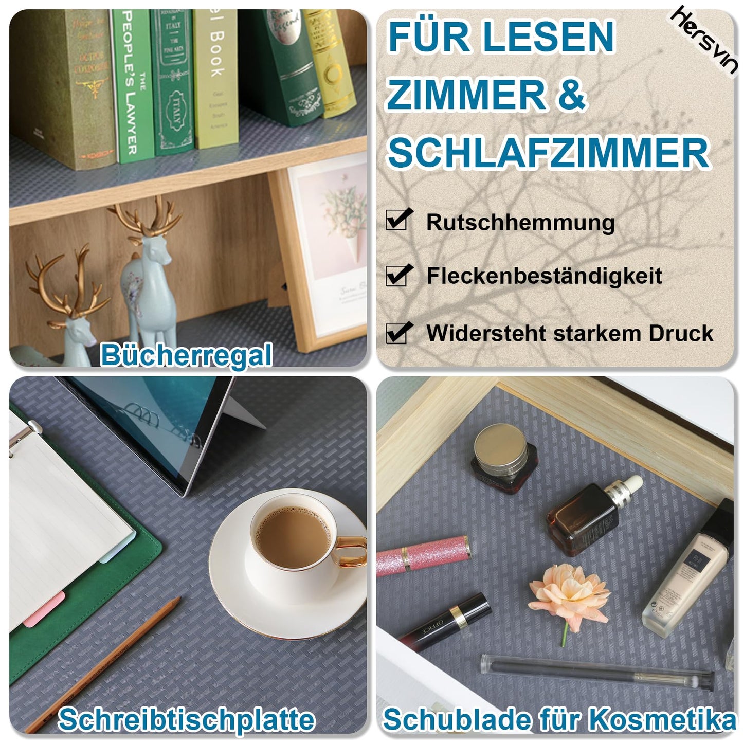 Hersvin Schubladenmatte 44.5cmx500cm Schrankpapier Schubladeneinlage Eva Wasserfest Nicht Klebende Unterlage Teppich für Küchenschränke (Grau/Gekreuzte Streifen)