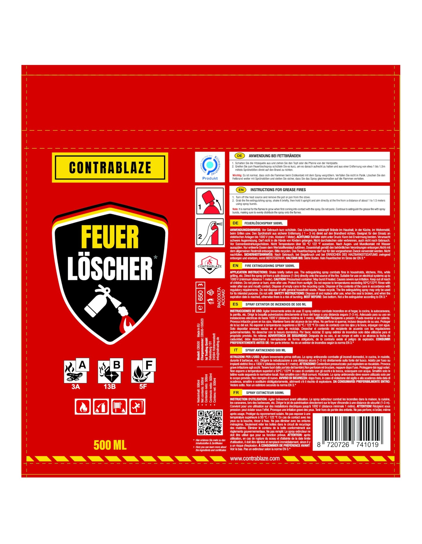 Feuerlöschspray - 500ml - für mehr Sicherheit im Alltag - Idealer Feuerlöscher Haushalt für die Küche - Perfekt als Mini Feuerlöscher Auto - Löschspray sofort & sicher einsatzbereit