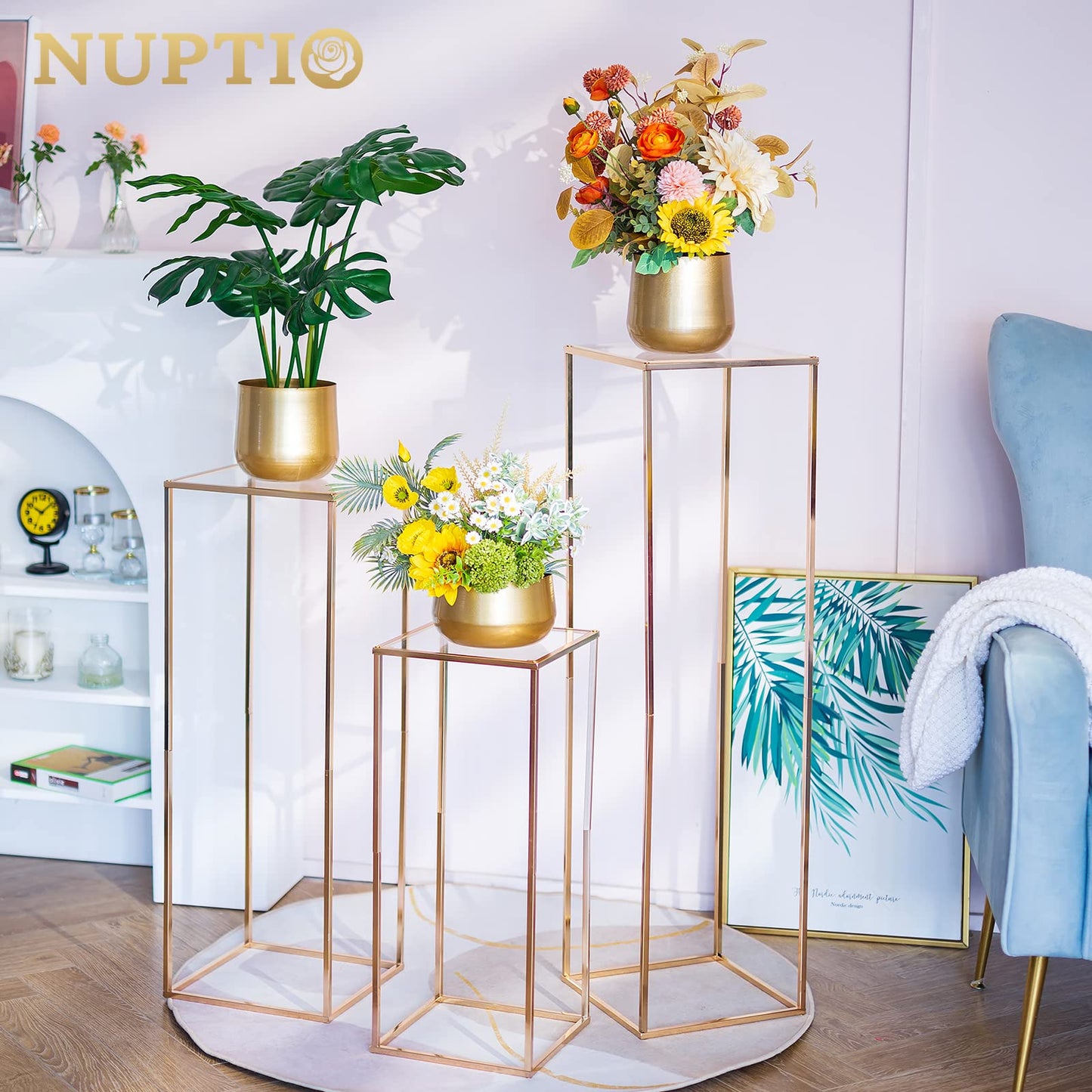 Nuptio Gold Hochzeit Tafelaufsätze für Tische mit Acrylplatte - 3 Stück Hohe Goldene Vase für Tafelaufsätze Säule Blumenständer für Hochzeiten Partei Nach Hause Dekorationen (60cm/80cm/100cm)