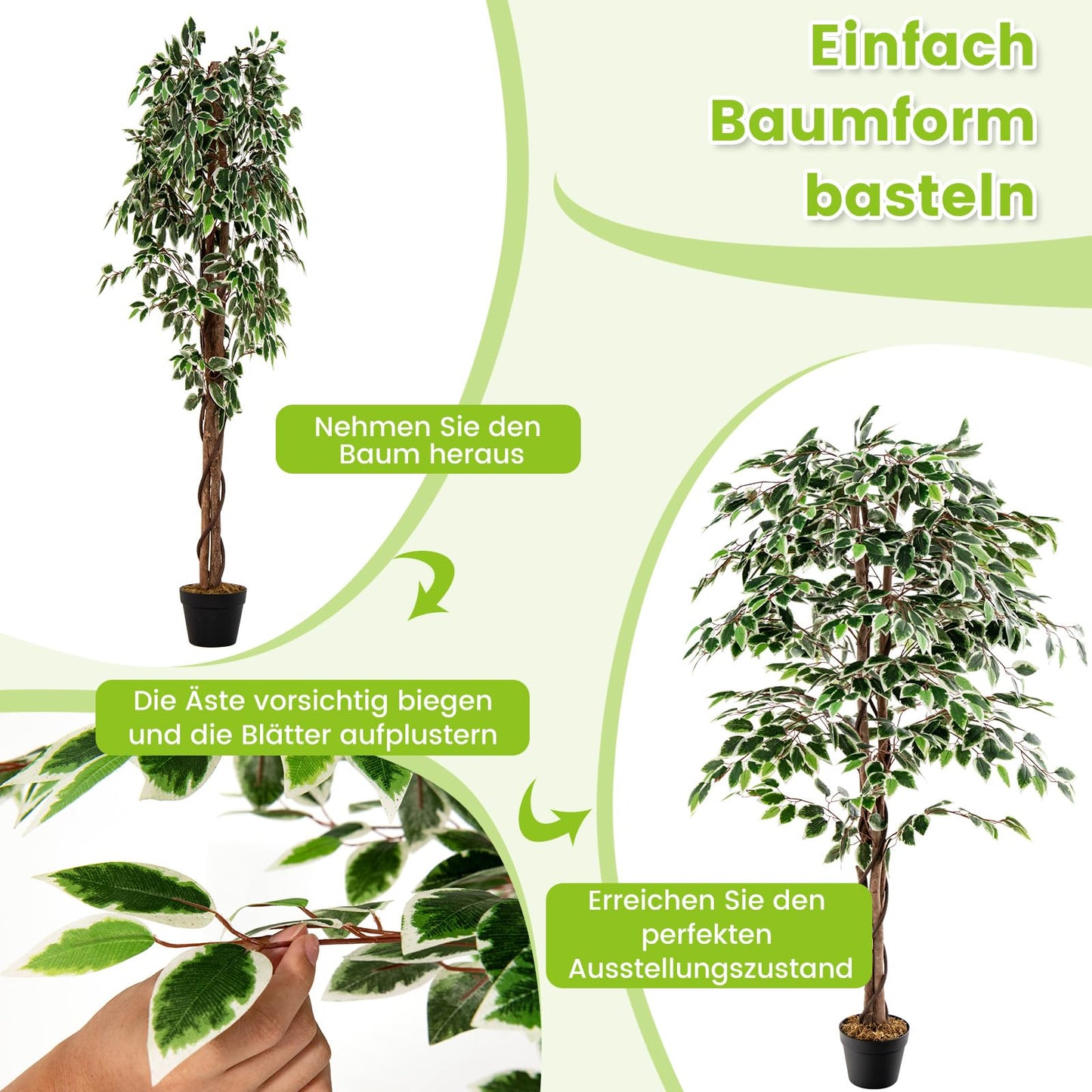 COSTWAY 160 cm Kunstpflanze grün, Künstliche Pflanze Ficus Benjamin, Dekopflanze mit natürlichem Holzstamm & Blättern, Zimmerpflanze Deko, Kunstbaum Innendekoration, für Zuhause Garten Büro