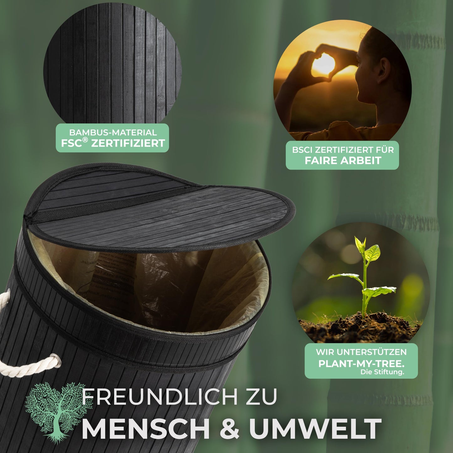 Ecojoo® Premium Gelber Sack Ständer aus FSC®-Bambus -doppelt verstärkt, Mülleimer Küche-geruchsdicht, Müllsackständer, Pfandflaschen Sammelbehälter, Abfalleimer Küche, Mülleimer 60l (schwarz)
