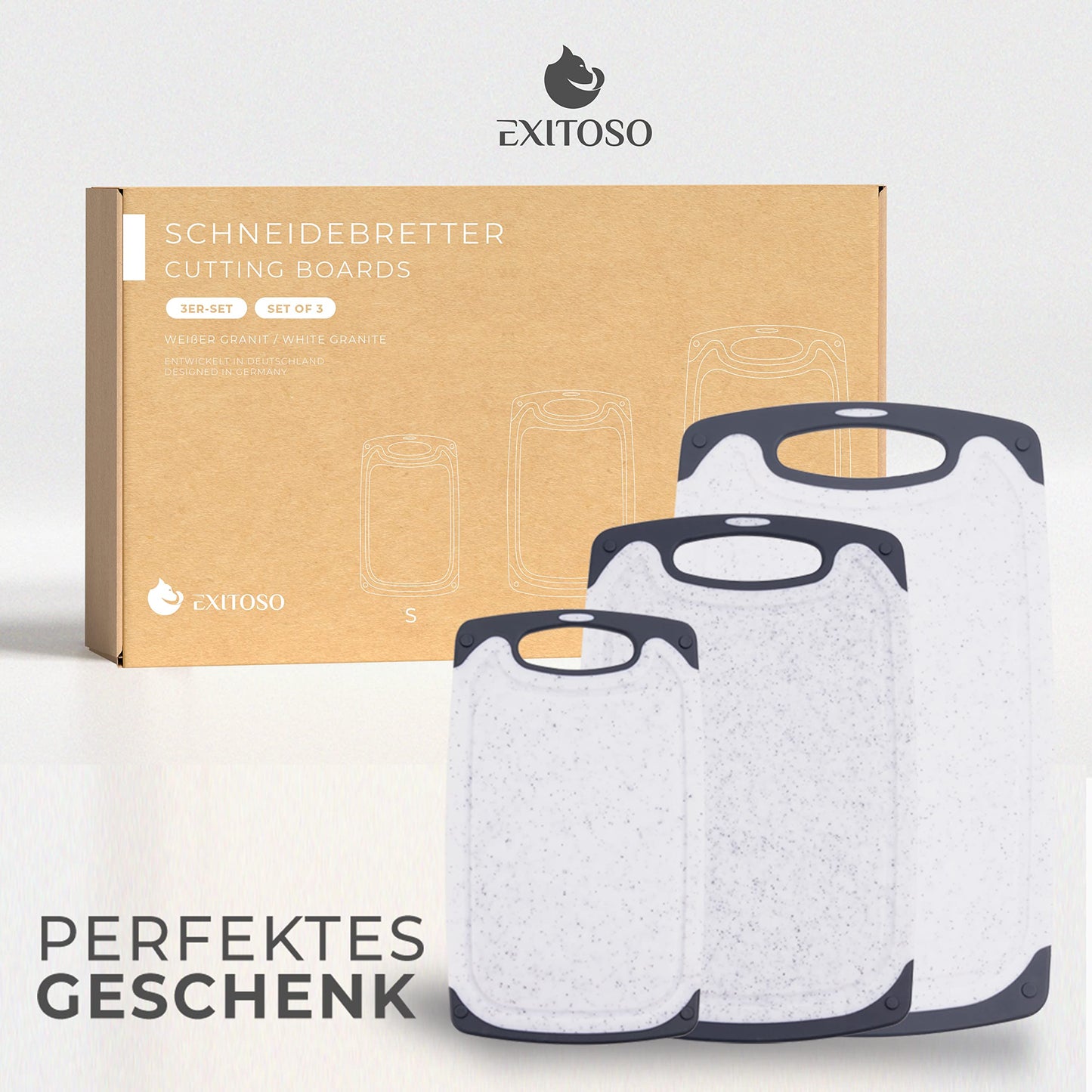 Exitoso Schneidebrett 3er Set mit Saftrille - Schneidebrett spülmaschinenfest und rutschfest - Marmoroptik weiß Schneidebrett Kunststoff BPA frei - Schneidebrett Kunststoff groß Schneidebrett Set