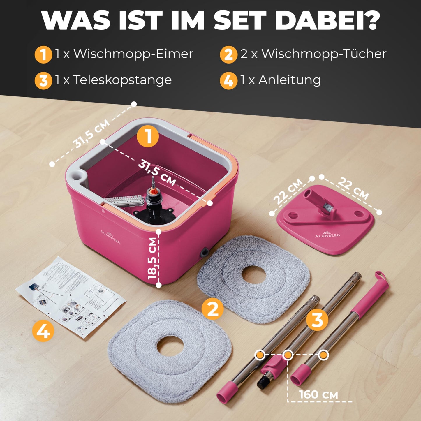 ALANBERG® Wischmopp Set mit Eimer – 2-Kammer-System für Schmutz- & Frischwassertrennung – Selbstauswringend, Mikrofaser Wischpads – Bodenwischer für alle Böden, Rosa