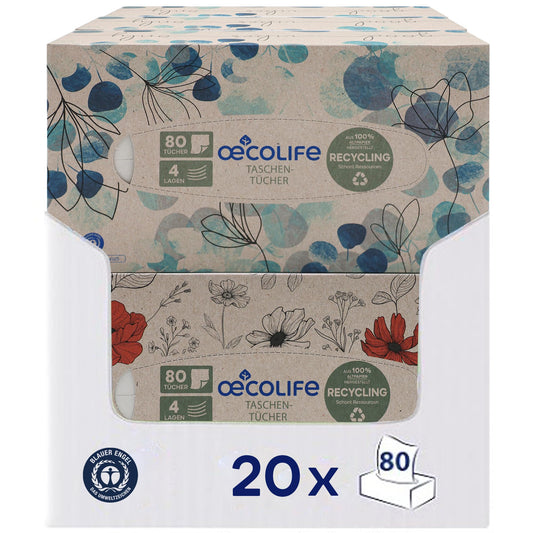 oecolife Taschentücher RECYCLING, 4-lagig, 1600 Tücher, 20 Pck. á 80 St., plastikfrei verpackt, in verschiedenen Verpackungsmotiven, nachhaltig, weiche & sanfte Taschentücher