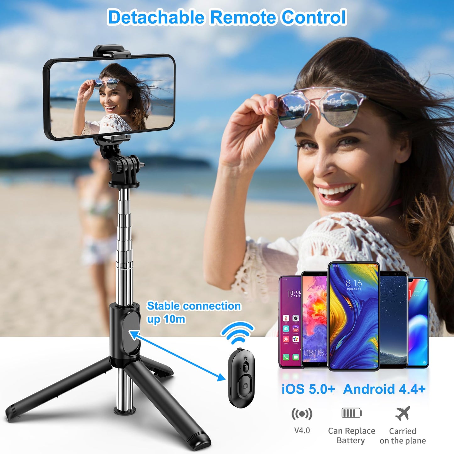 SelfieShow Selfie Stick Stativ, Erweiterbar Selfie-Stange mit Kabelloser Fernbedienung Tragbar Monopod Handyhalter Kompatibel mit iPhone 15/14/13/12/11 Pro/XS Max/XS/X/8/7, Samsung Huawei Smartphones