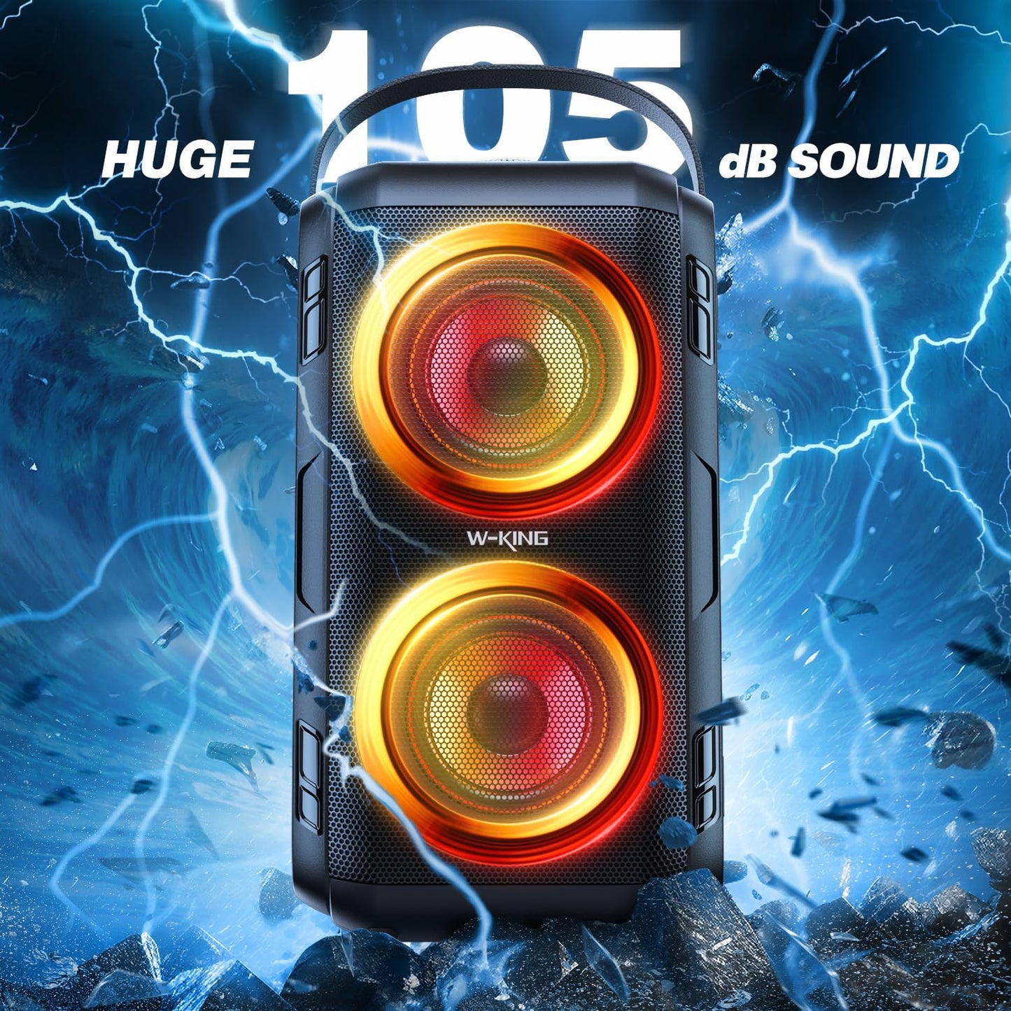 W-KING Bluetooth Lautsprecher mit 2 Vollfrequenztreiber– Superbass, Bluetooth Box Musikbox Party Lautsprecher mit 80 W und LED-Beleuchtung, 105dB-Sound, IPX5, 24 Stunden, U-Disk, TF-Karte, AUX, EQ