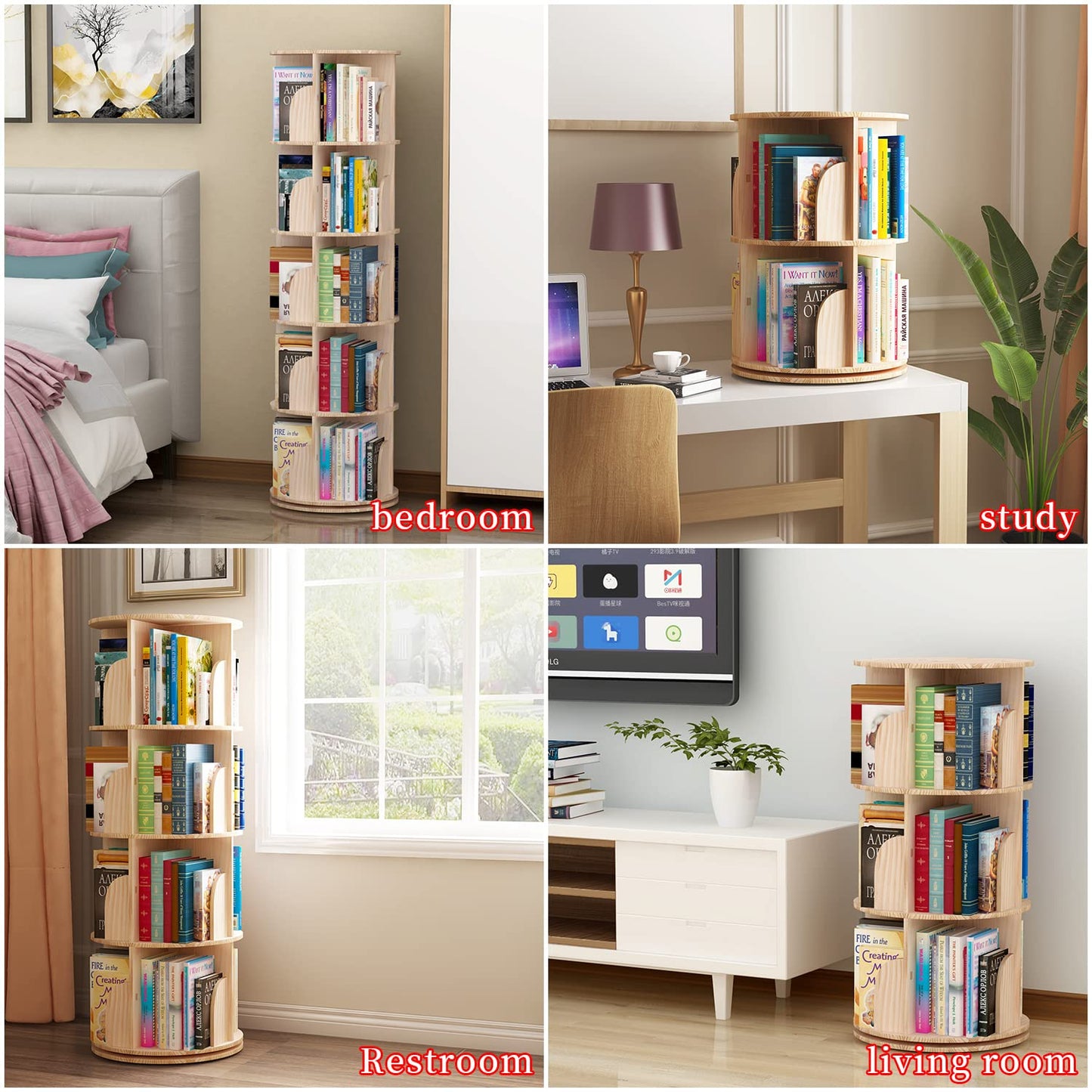 PTUWODS Drehbares Bücherregal, Standregal, 360 Grad, Lagerregal für Kinder und Erwachsene, multifunktionales Bücherregal Massivholz (4 böden)