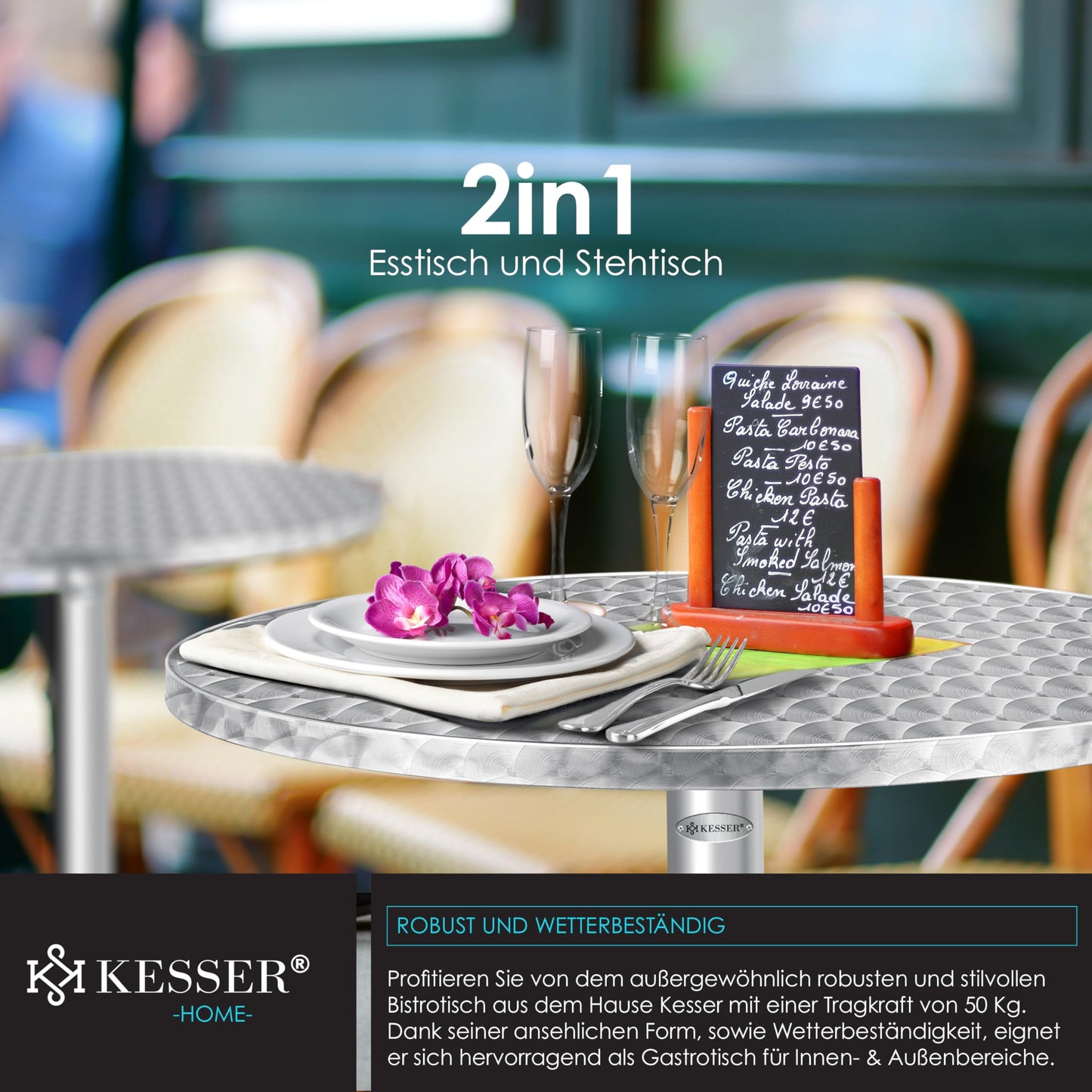 KESSER® 2in1 Stehtisch klappbar Bistrotisch 2er Set | Aluminium Edelstahlplatte | höhenverstellbar 70cm / 115cm | Partytisch Tisch Ø 60cm | In- & Outdoor Empfangstisch | Klapptisch mit Cover Silber