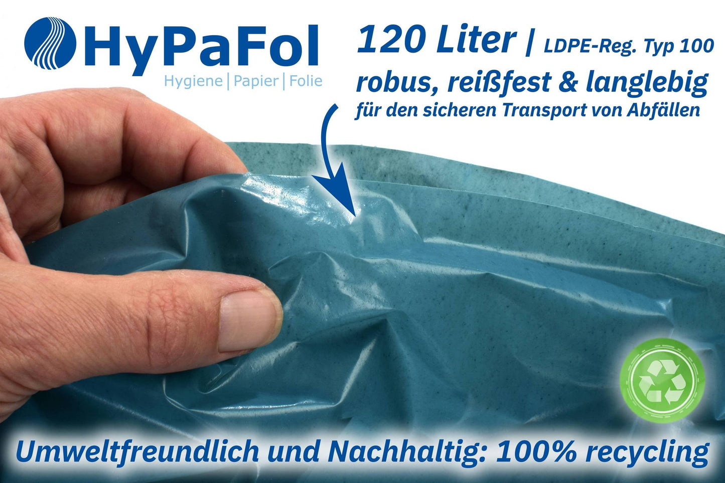 🆄🅽🆂🅴🆁 𝗧𝗜𝗣𝗣: Hypafol 100 Stück reißfeste Müllsäcke | extra starke Abfallsäcke | 10 blaue Rollen | 120 L Fassungsvolumen | stabile Müllbeutel aus umweltfreundlicher Recyclingfolie