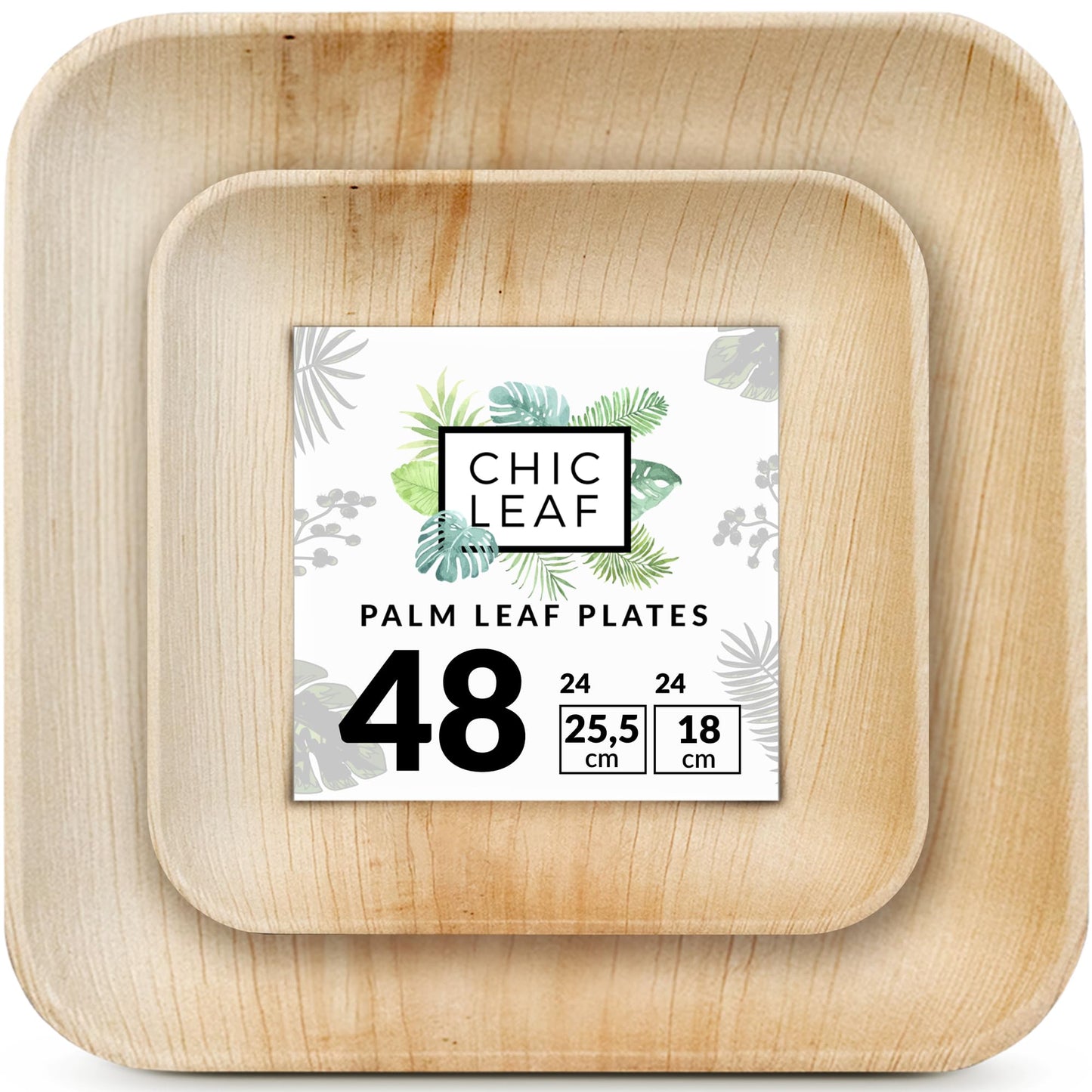 Chic Leaf Palmblatt Teller - 48 Stück Partyteller Set, Umweltfreundlich, Kompostierbar, Nachhaltig Einweggeschirr besser als Pappteller & Plastikteller, Eckig (25.5 & 18 cm)