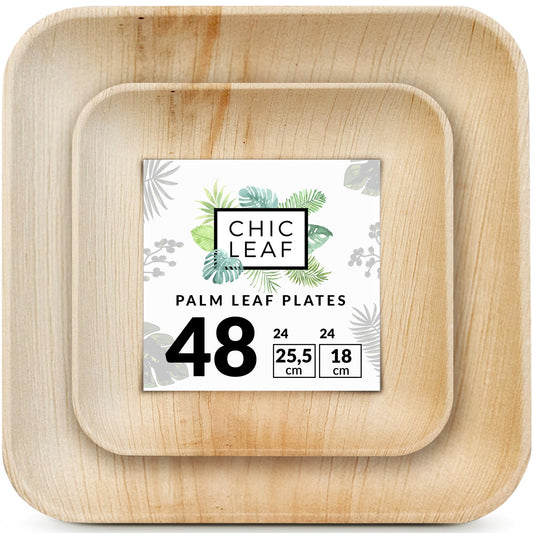 Chic Leaf Palmblatt Teller - 48 Stück Partyteller Set, Umweltfreundlich, Kompostierbar, Nachhaltig Einweggeschirr besser als Pappteller & Plastikteller, Eckig (25.5 & 18 cm)