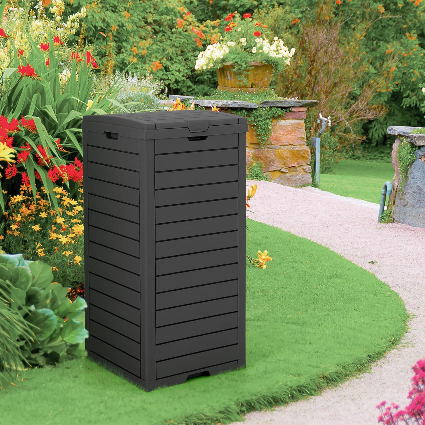 COSTWAY Mülleimer mit Deckel, 118 L, Mülltonne Abfalltonne Garten, mit ausziehbarer Flüssigkeitsschale & Griff, wasserdichter Müllbehälter Outdoor, für Veranda, Hinterhof, Terrasse (2 Pack-Schwarz)