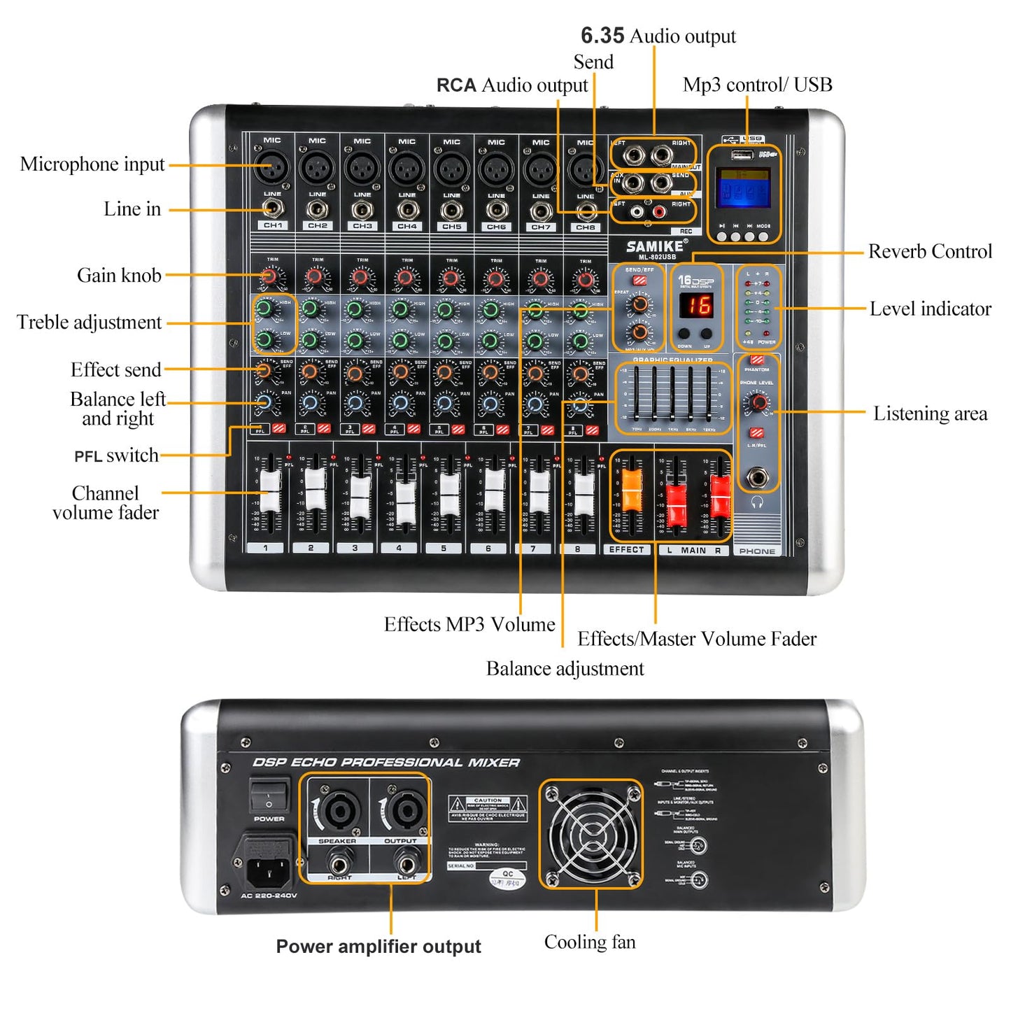 Powermixer Mischpult mit Verstärker, Audio Mixer 8 Kanal Soundcraft Mischpult, Dj Mischpult Profi Audio Interfac Streaming Musik Mixer Live Soundkarte, 2 * 300w Sound Board with 16 Kinds DSP Reverb