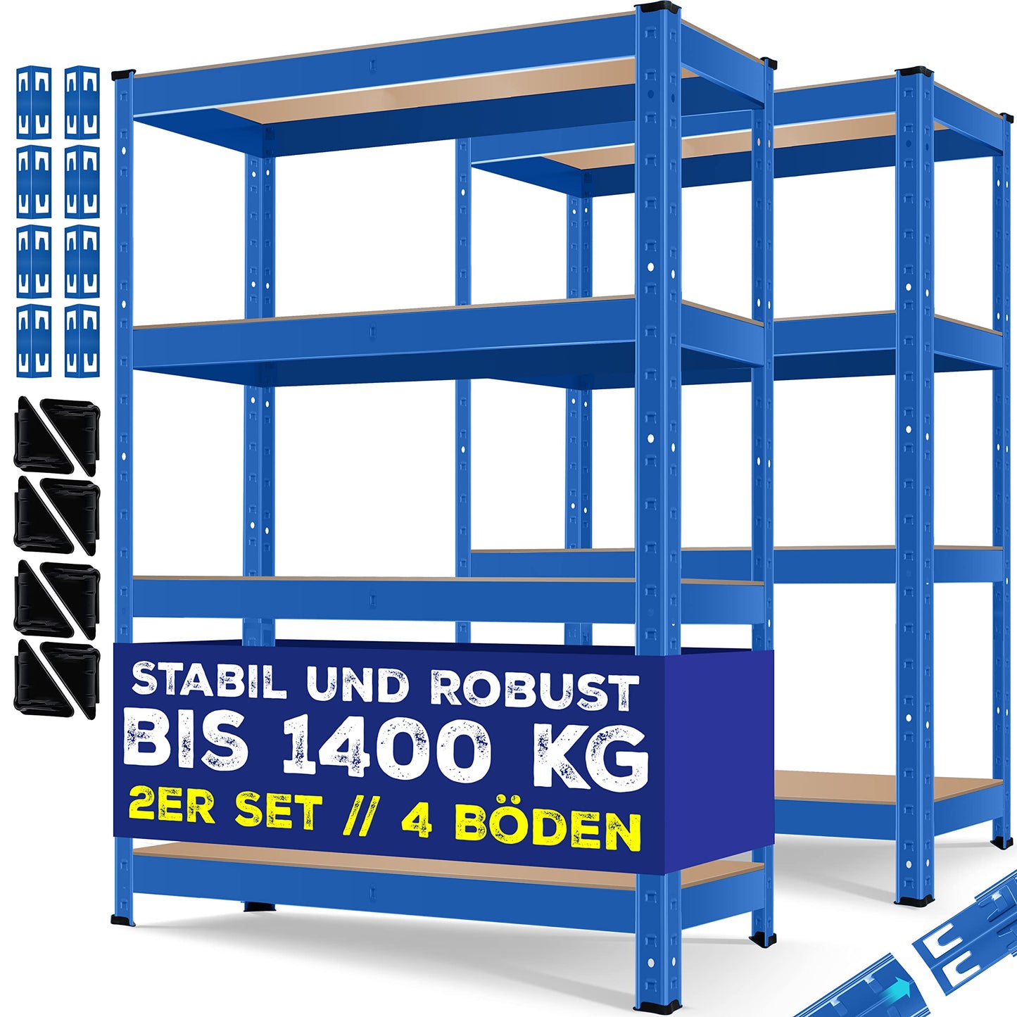 MASKO® 2er-Set Lagerregal Schwerlastregal, Kellerregal, 160 x 80 x 40 cm, bis 700 kg belastbar, 4 verstellbare Ablagen, MDF-Platten Regal aus Metall, Steckregal, Werkstattregal, Keller, Garage Blau