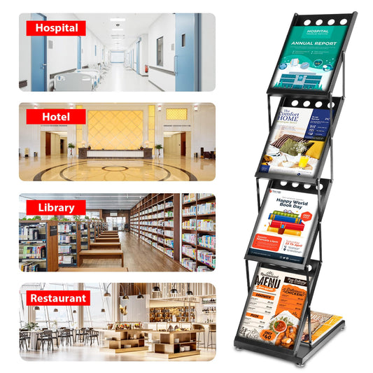 VAIIGO Prospektständer Faltbar 4 x DIN A4 - Katalogständer Tragbar aus Metall Schwarz Inkl Lochdesign mit Tasche, Bodenprospektständer Flyerständer Zeitschriftenständer Faltprospektständer Infoständer