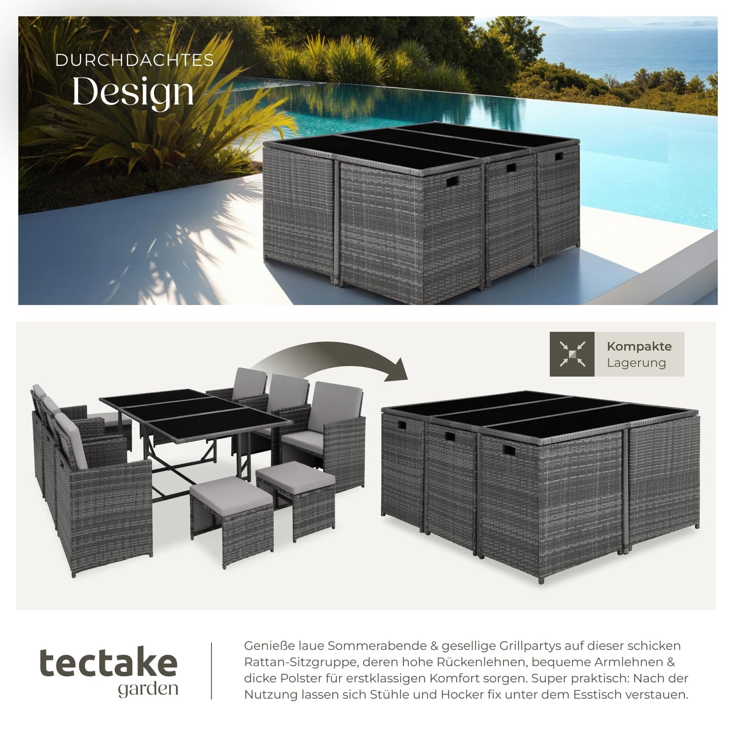 tectake® Outdoor Balkon Gartenmöbel Set, Lounge mit 6 Stühlen, 4 Hocker, 1 Tisch und Schutzhülle, Poly Rattan Geflecht, wetterfest, platzsparend - grau