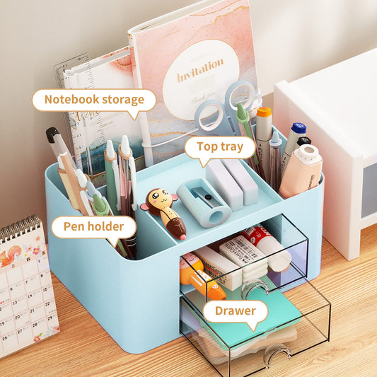 Marbrasse Schreibtisch Organizer mit Schubladen,Multifunktional Stiftehalter Schreibtisch mit 7 Fächer 2 Schubladen,Büro Organizer Schreibtisch und Zubehör (Blau)