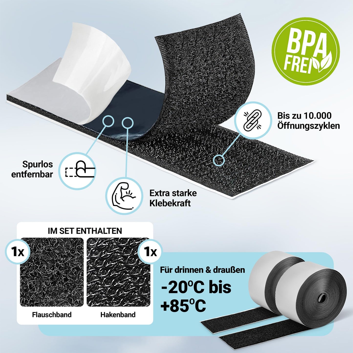 STARKL® Klettband Selbstklebend - BPA Frei - 5m x 50mm - Klettverschluss Selbstklebend Schwarz - Extra Stark u. Extra Breit -Doppelseitiges Klettband für Innen und Außen