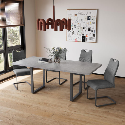 jiexi ausziehbarer Esstisch 130-170 cm mit 4 grauen Stühlen, MDF-Set für Esszimmer, in Küche aufgestellt.