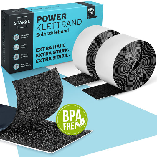 STARKL® Klettband Selbstklebend - BPA Frei - 5m x 50mm - Klettverschluss Selbstklebend Schwarz - Extra Stark u. Extra Breit -Doppelseitiges Klettband für Innen und Außen