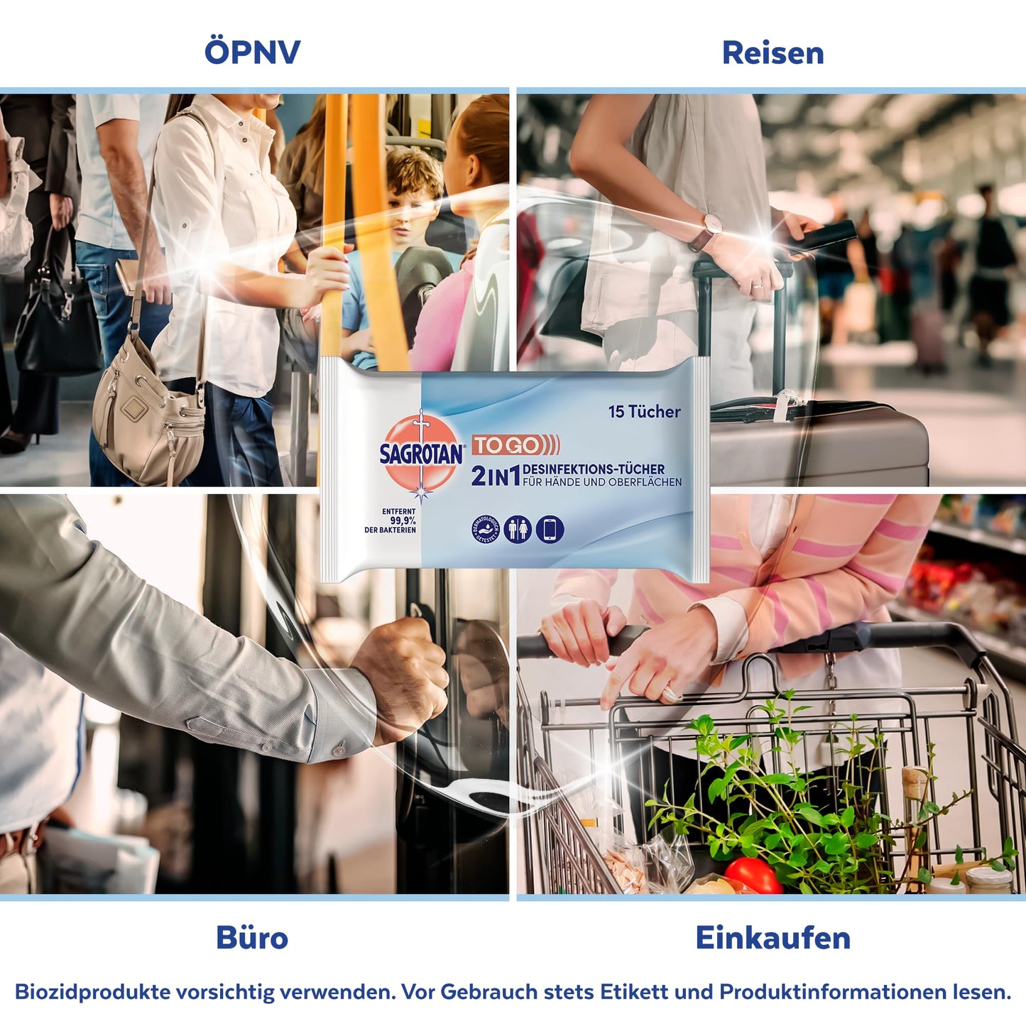 Sagrotan 2in1-Desinfektionstücher – Zum Desinfizieren von Händen und Oberflächen – 8 x 15 Feuchttücher in wiederverschließbarer Verpackung, Weiß, Ozean