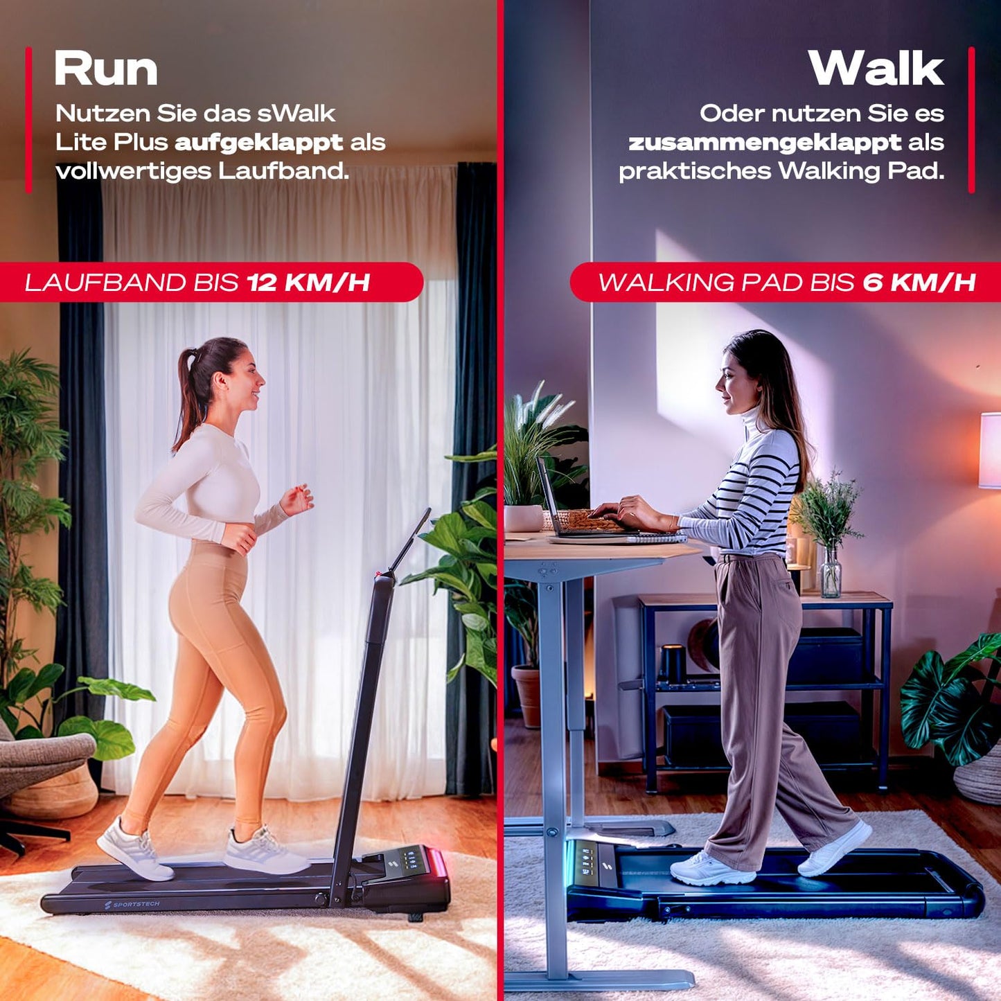 Sportstech Laufband Walking Pad für Zuhause, mit manueller Steigung, Walking Pad bis 6 km/h, Treadmill bis 12km/h, App, Fernbedienung, kompakt, Home Office (sWalk lite Plus)