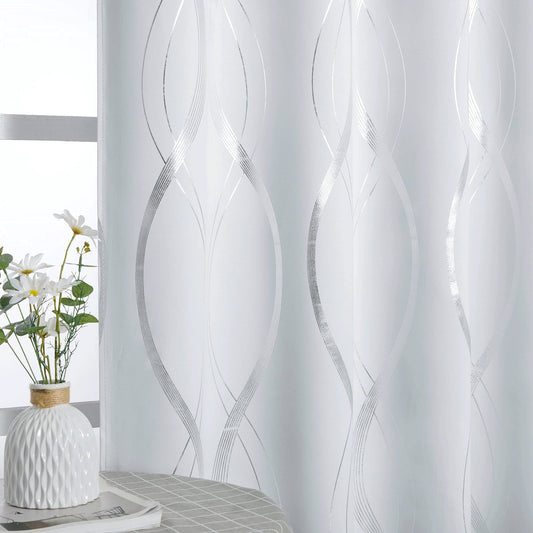 PONY DANCE Vorhänge Wohnzimmer Modern Abdunkelnde Vorhänge mit Linien-Foliebdruck Ösenvorhang 2er Set Wohnzimmer Gardinen Weiss Blickdicht H 220 x B 140 cm, Grau-weiß
