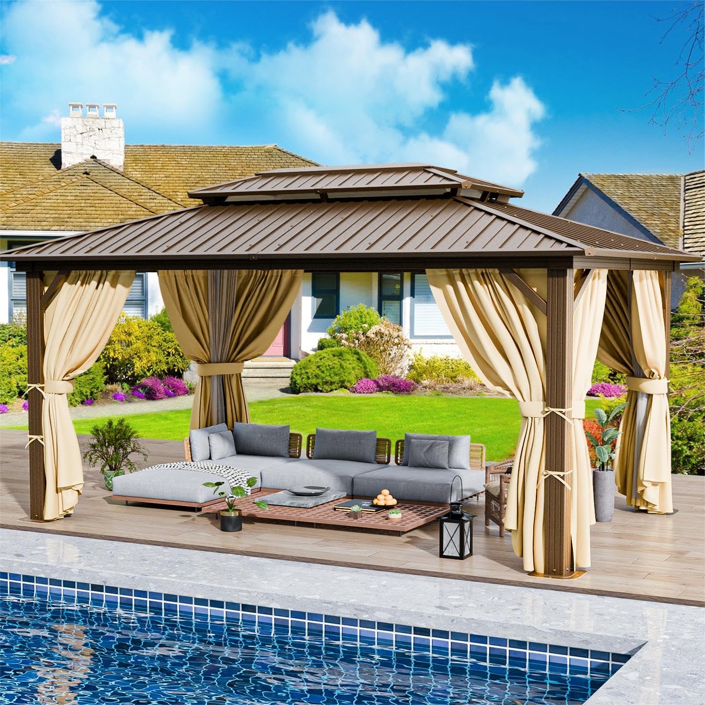 HOTEEL 3x3.65m Hardtop Pavillon Wasserdicht Stabil Winterfest, Gartenpavillon Metall mit Verzinkter Stahl Doppeldach, Alu-Rahmen, Schwer Entflammbare Vorhänge & Moskitonetz, Braun (2025 Aufrüstung)