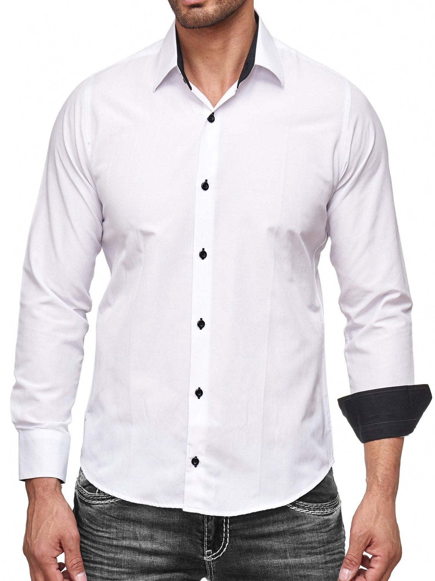 Baxboy Herren-Hemd Slim-Fit Bügelleicht Für Anzug, Business, Hochzeit, Freizeit - Langarm Hemden für Männer Langarmhemd R-44, Farbe:Weiss/Schwarz, Größe:L