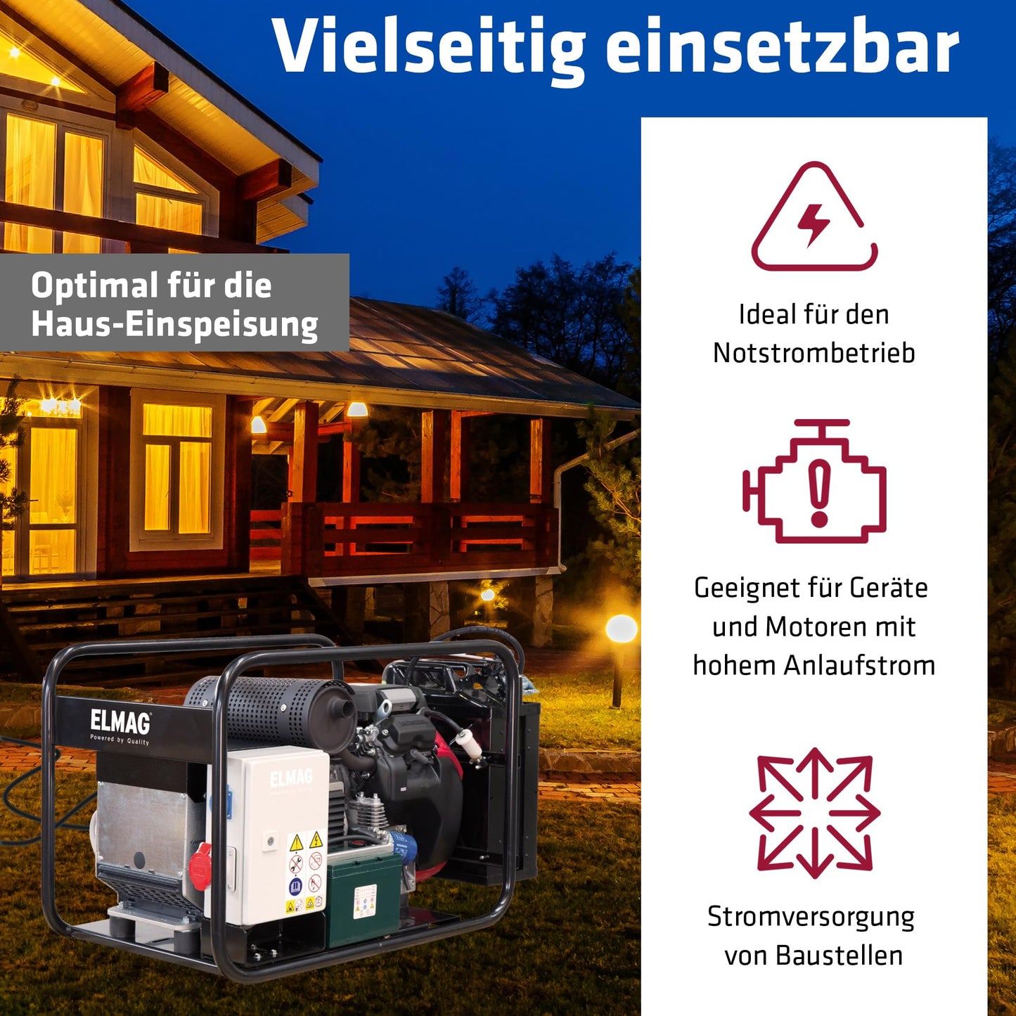 ELMAG SEB 16000WDE-AVR Benzin Stromerzeuger – Notstromaggregat mit 4-Takt-Motor luftgekühlt, 15 kW & 20 l Tank – 1x 230 V Schuko & 1x 400 V CEE – Stromgenerator mit AVR, Handstart & Überlastschutz