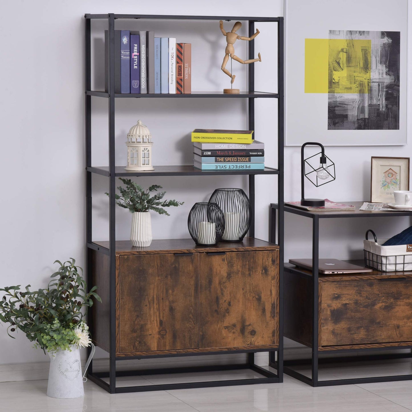 HOMCOM Industrielles Bücherregal mit Schrank, Braun, 76x33x162,5 cm
