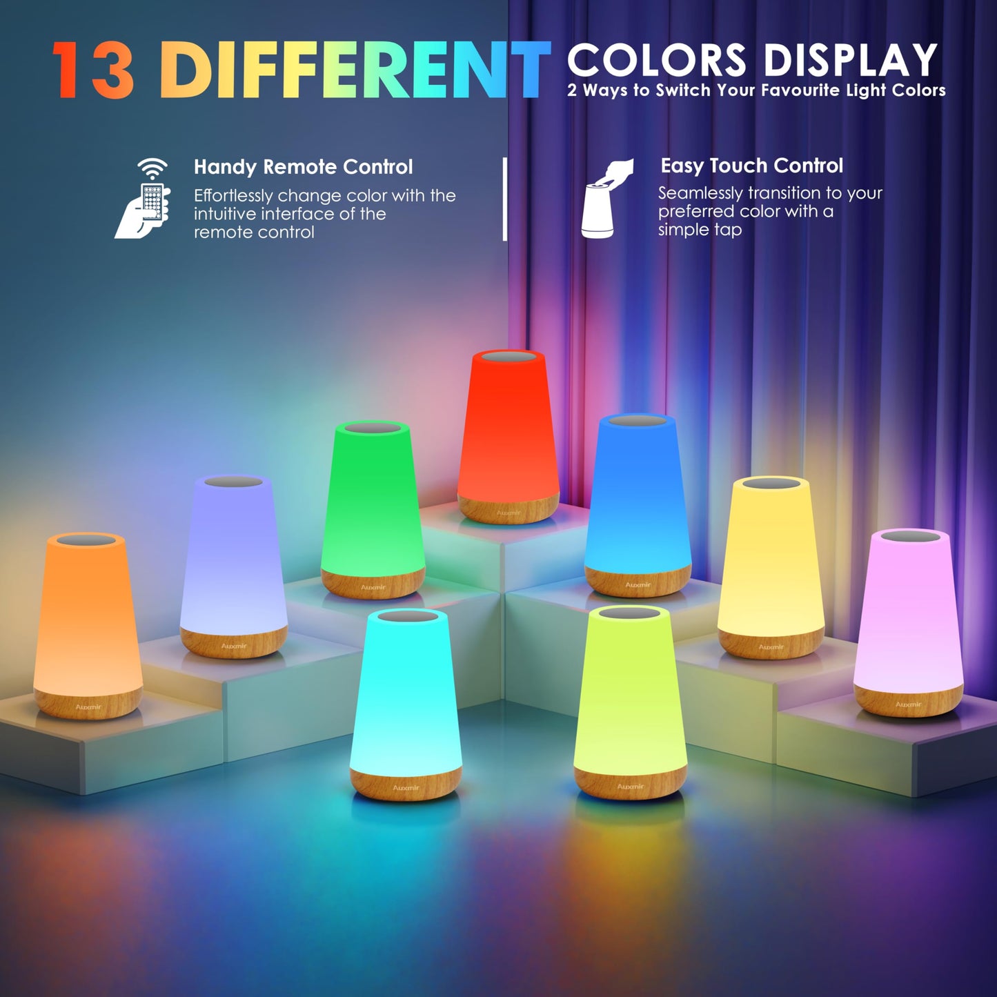 Auxmir Nachttischlampe Nachtlicht Touch Dimmbar mit 13 Farben und 4 Modi, LED Tischlampe USB Aufladbar mit Fernbedienung, Nachtlampe mit Timing Funktion für Schlafzimmer Wohnzimmer, Hellbraun