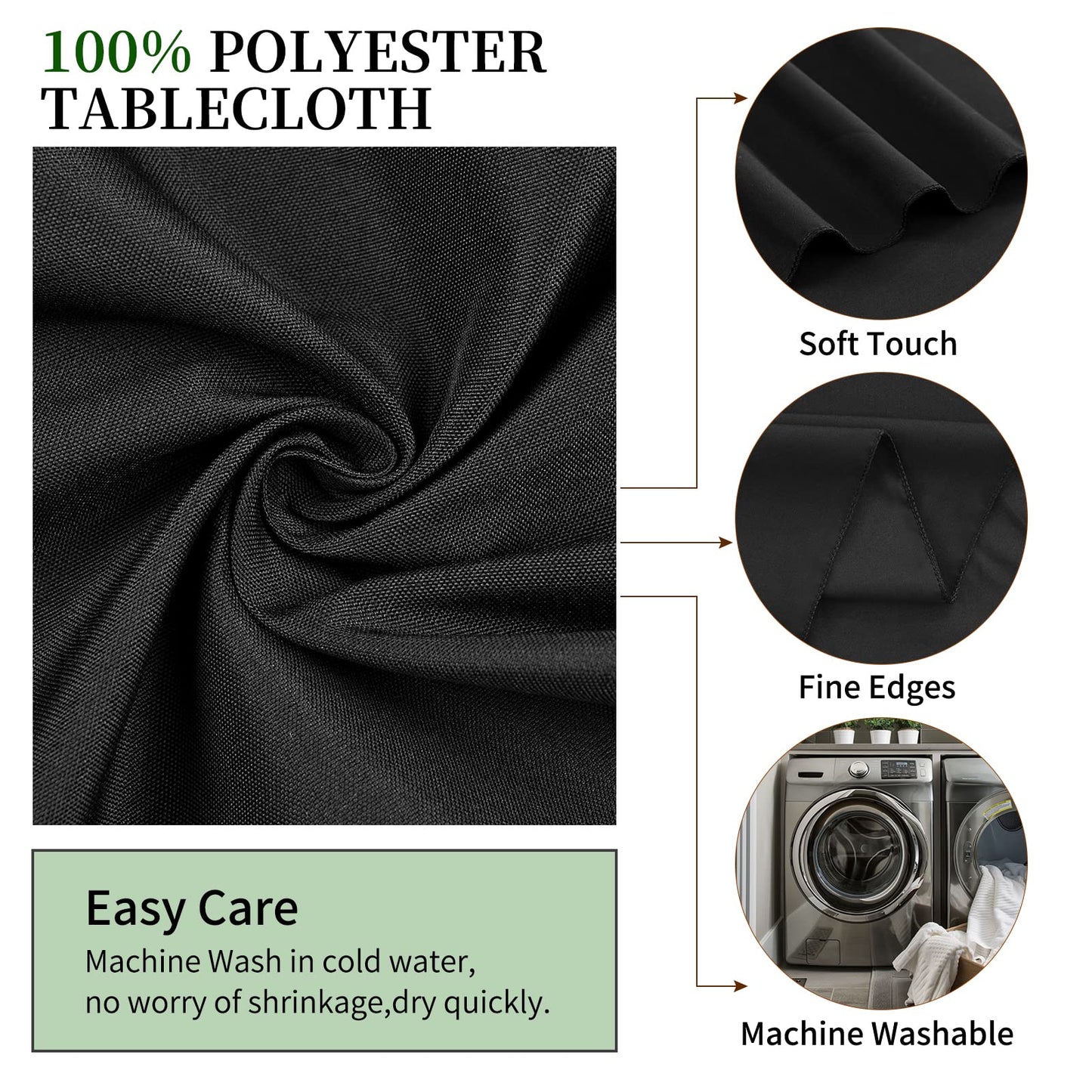 4 Stück Runde Tischdecke 275 cm, Schwarz Polyester Tischdecke für Runden Tische schmutzabweisende und Waschbare Tischdecke Dekorative Tischdecke für Hochzeiten, Geburtstage, Partys, Bankette, Camping