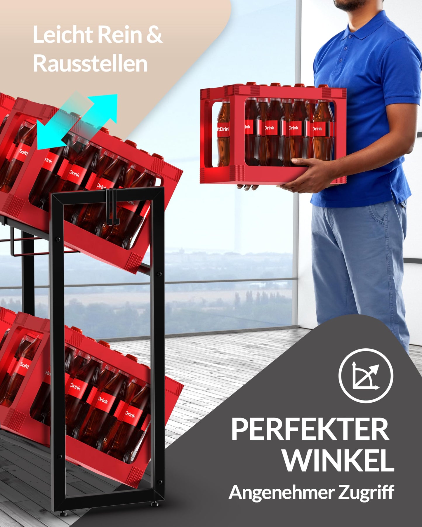 Heldenwunder Getränkekistenregal (6 Kästen) Metall Sixpack-Halter, 2 Haken | Standfest Freistehend Höhenverstellbar + Videoanleitung | Getränke-Kisten-Regal Getränke-Regal Bier-Kisten Wein-Regal