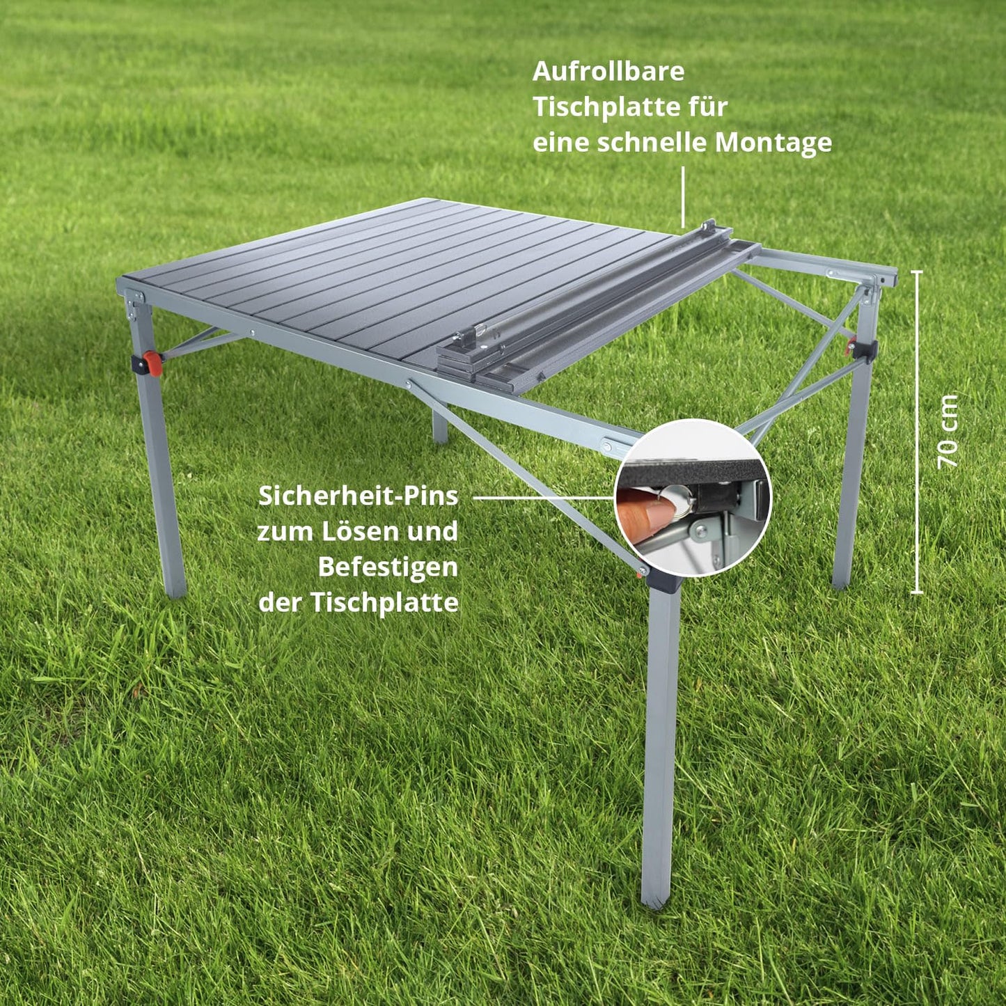 Skandika Aluminium Klapptisch Maikku | Alu Campingtisch für 6 Personen, 80 kg Traglast, 107 x 70 x 70 cm, wasserfest, klappbar, leicht, einrollbare Tischplatte | Falttisch für Garten, Angeln (Grau)