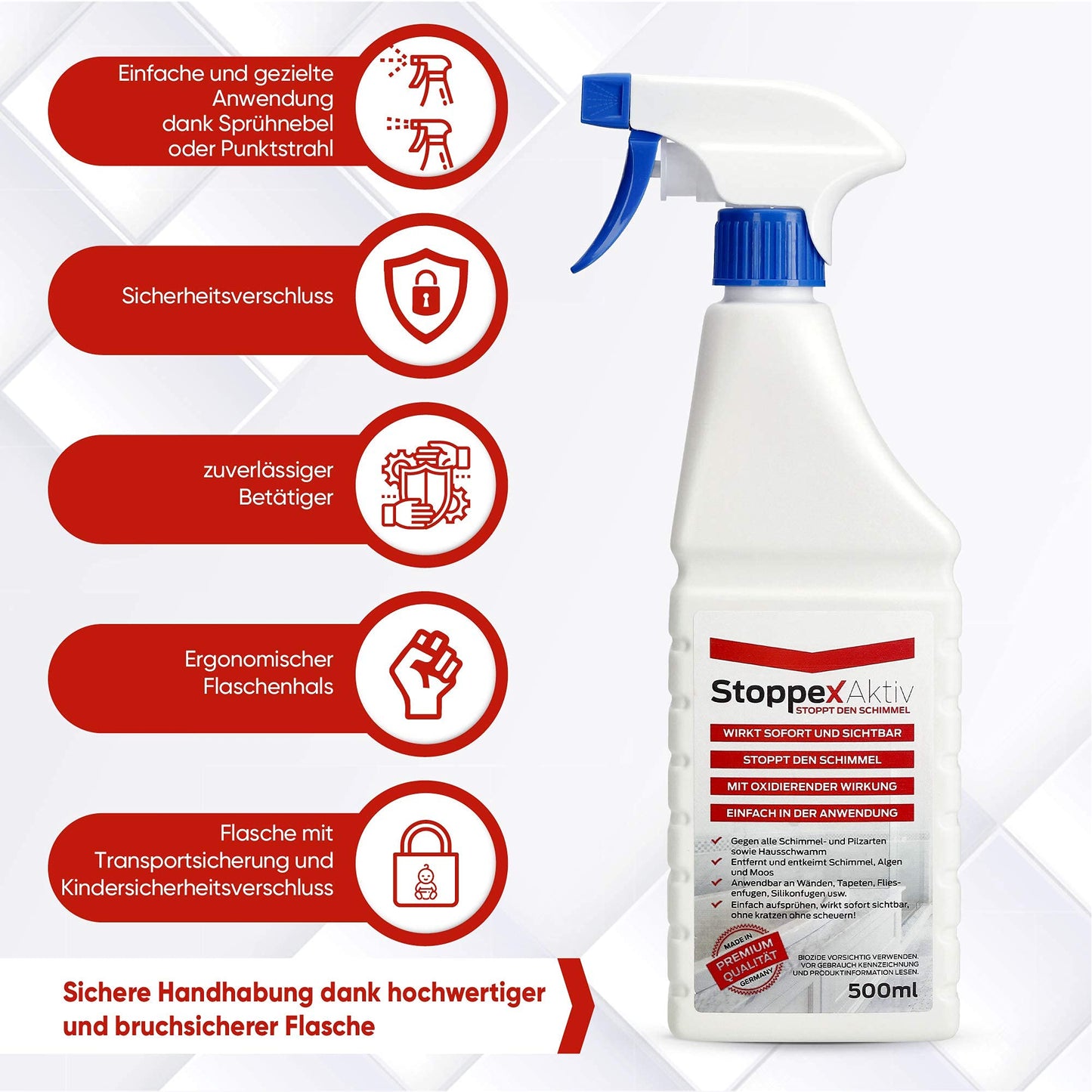 Stoppex® Aktiv-Profi Schimmelentferner gegen Schimmel für Wand, Bad und Silikonfugen I Extrastarker, chlorhaltiger Anti Schimmelspray gegen Stockflecken u. Schimmelpilz